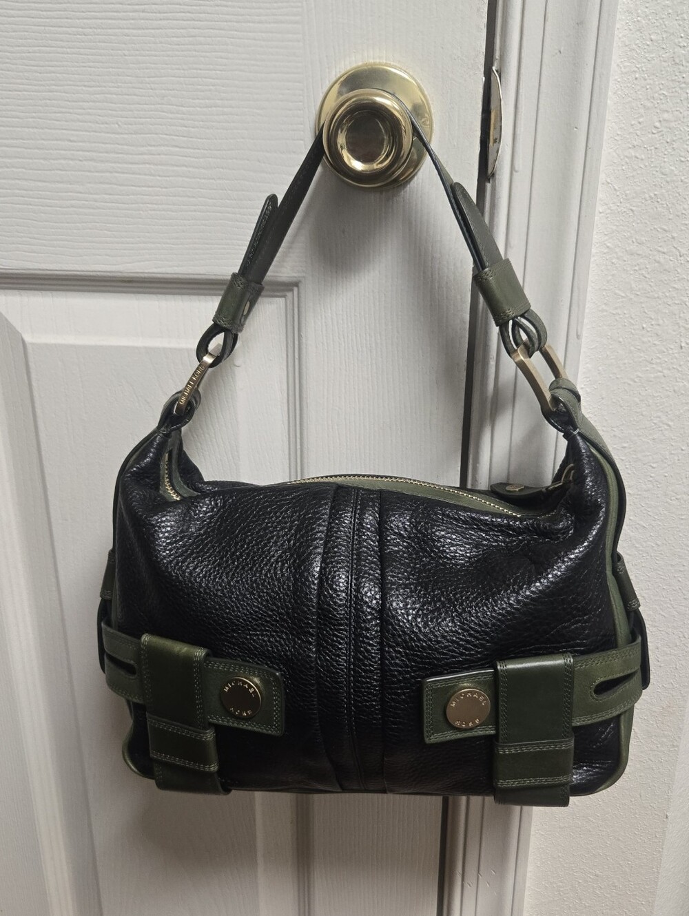 Michael Kors Black and Hunter Green Leather Shoulder Bag Briefcase style